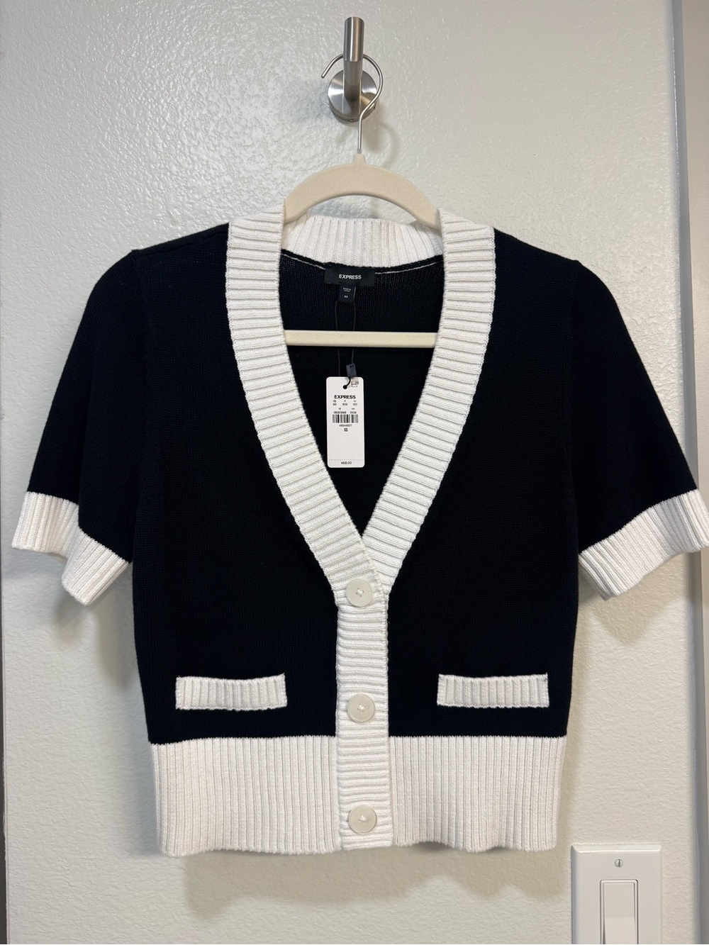 Express Black Cardigan with White Trim Short Sleeve Button Front